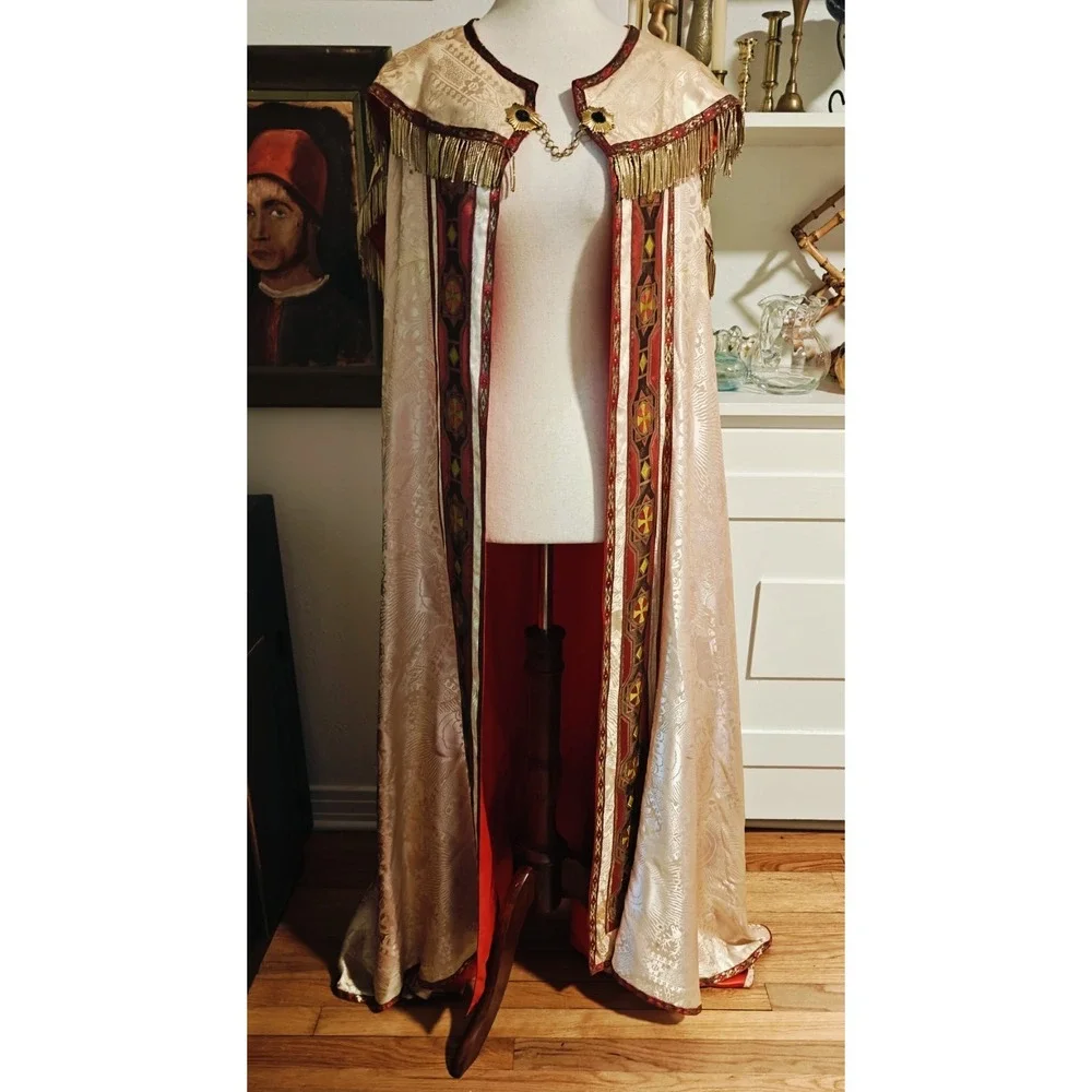 Antique Gothic Liturgical Chausable Cope Hand Painted Gold Boullion Fringe Silk